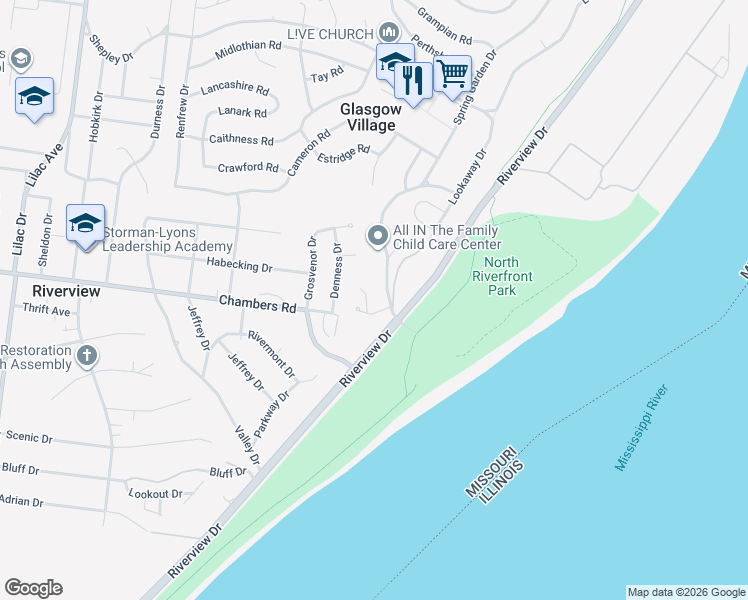 map of restaurants, bars, coffee shops, grocery stores, and more near 712 Lookaway Drive in St. Louis