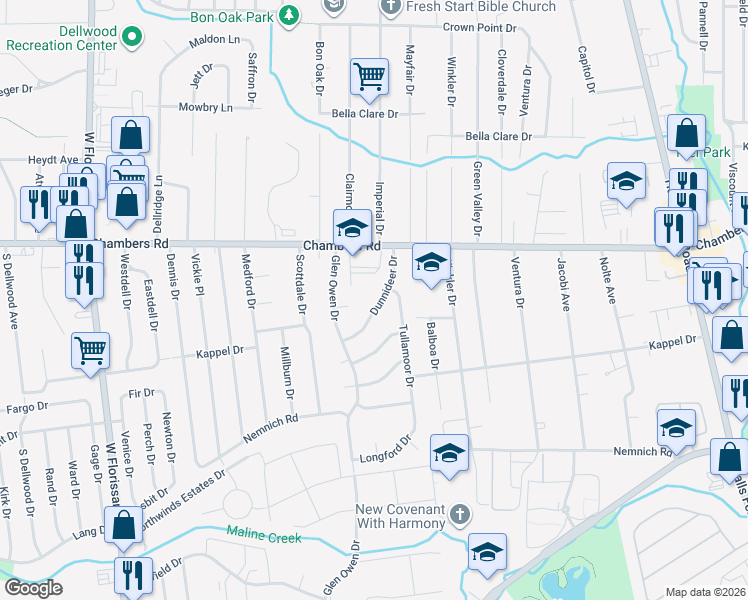 map of restaurants, bars, coffee shops, grocery stores, and more near 1855 Dunnideer Drive in St. Louis
