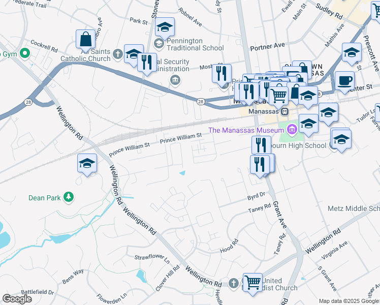 map of restaurants, bars, coffee shops, grocery stores, and more near 9368 Scarlet Oak Drive in Manassas