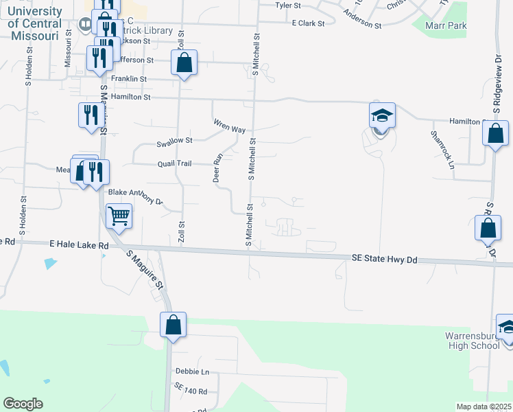 map of restaurants, bars, coffee shops, grocery stores, and more near 1102 Pine Court in Warrensburg