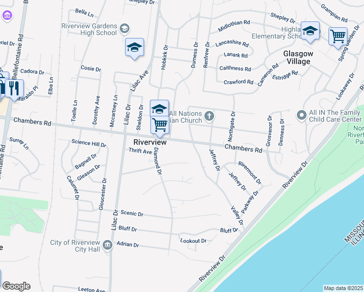 map of restaurants, bars, coffee shops, grocery stores, and more near 322 Chambers Road in St. Louis