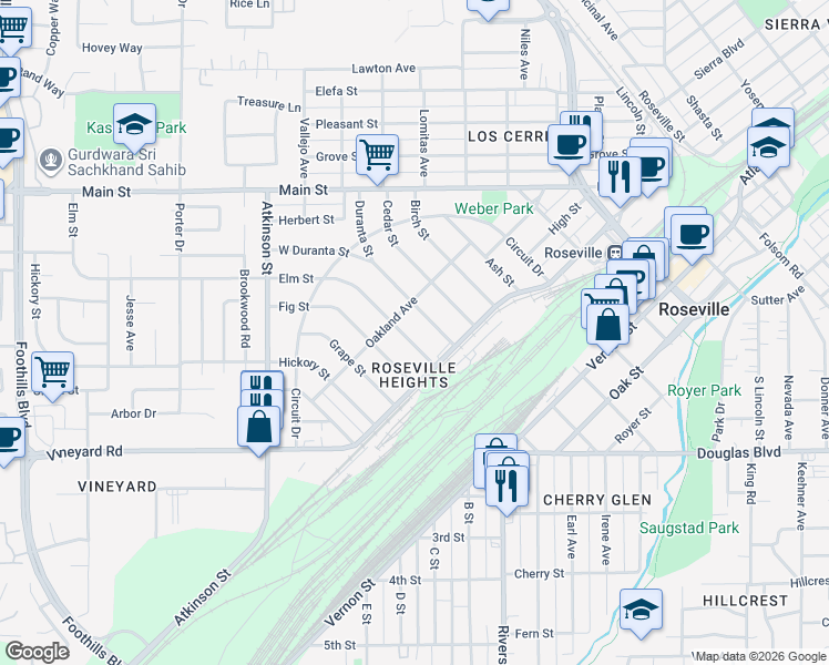 map of restaurants, bars, coffee shops, grocery stores, and more near 817 Oakland Avenue in Roseville