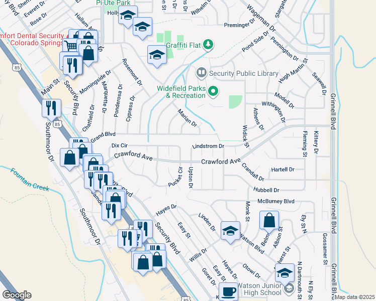 map of restaurants, bars, coffee shops, grocery stores, and more near 560 Lindstrom Drive in Colorado Springs