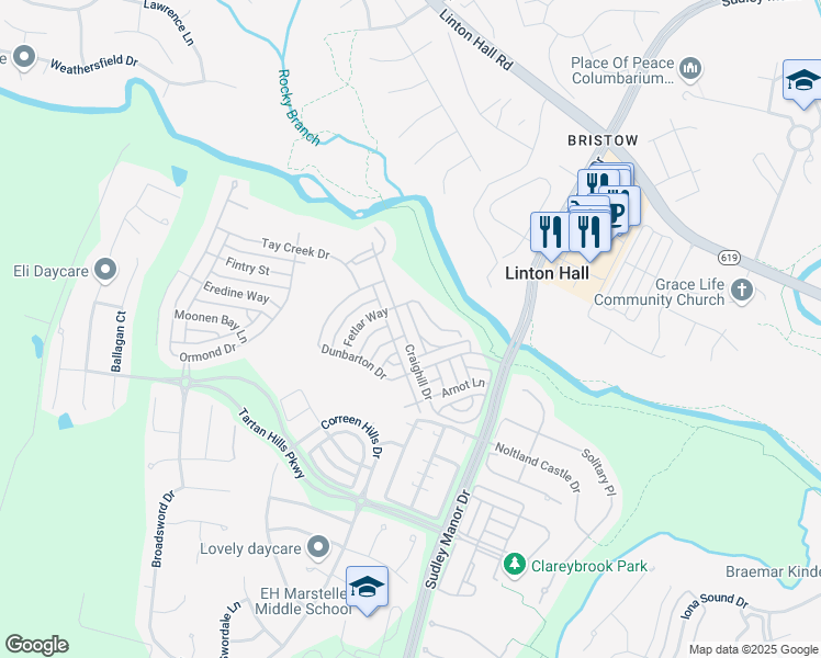 map of restaurants, bars, coffee shops, grocery stores, and more near 9667 Craighill Drive in Bristow