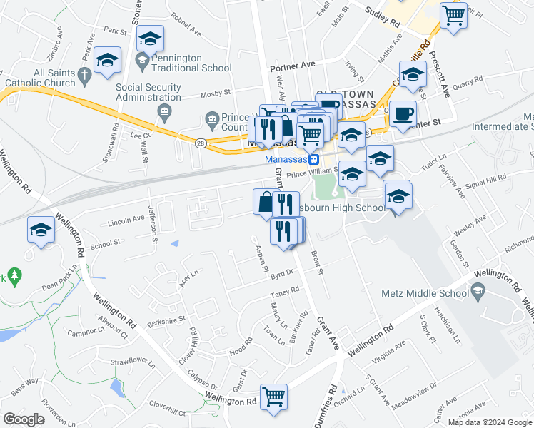 map of restaurants, bars, coffee shops, grocery stores, and more near 9207 Douglas Street in Manassas
