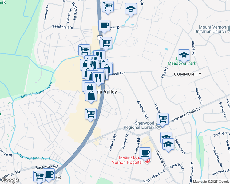 map of restaurants, bars, coffee shops, grocery stores, and more near 7727 Fordson Road in Alexandria