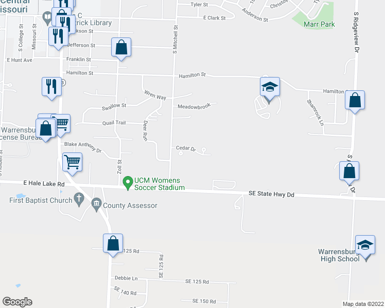 map of restaurants, bars, coffee shops, grocery stores, and more near 710 Cedar Drive in Warrensburg