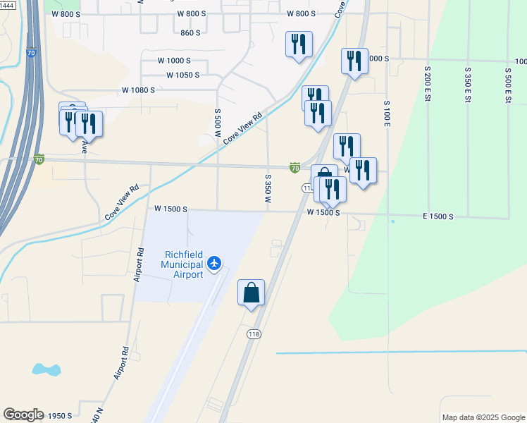 map of restaurants, bars, coffee shops, grocery stores, and more near West 1500 South in Richfield
