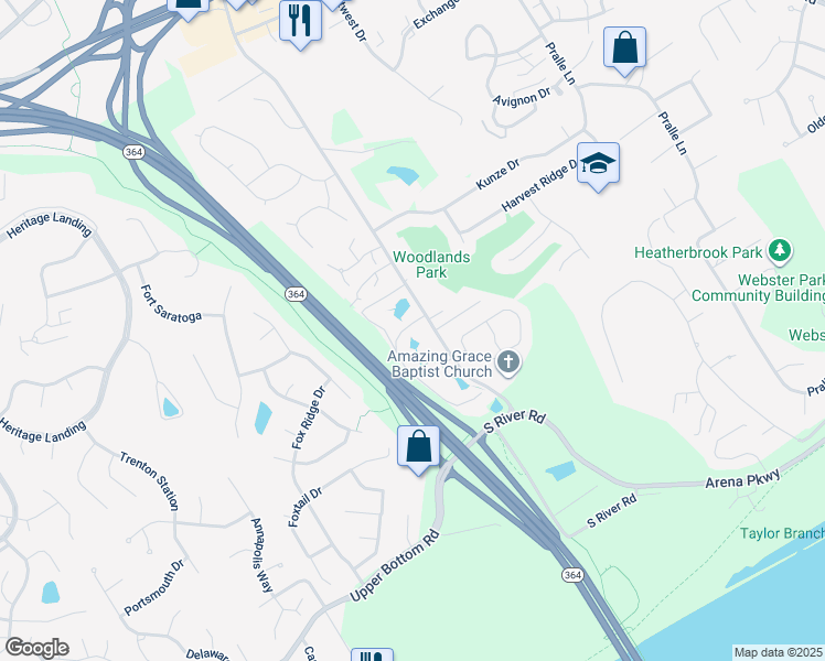 map of restaurants, bars, coffee shops, grocery stores, and more near 216 Babbling Brook Lane in St. Charles