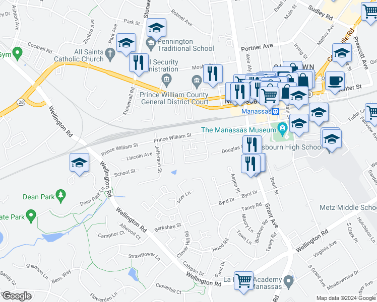 map of restaurants, bars, coffee shops, grocery stores, and more near 9340 English Oak Court in Manassas