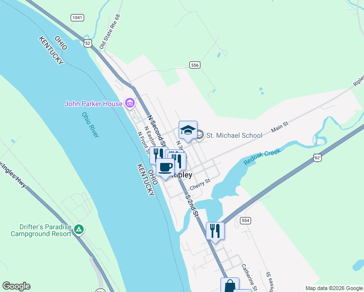 map of restaurants, bars, coffee shops, grocery stores, and more near 119 North 3rd Street in Ripley