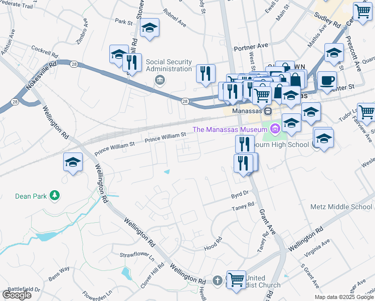 map of restaurants, bars, coffee shops, grocery stores, and more near 9327 Woodlea Court in Manassas