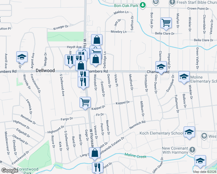 map of restaurants, bars, coffee shops, grocery stores, and more near 9850 Dennis Drive in St. Louis