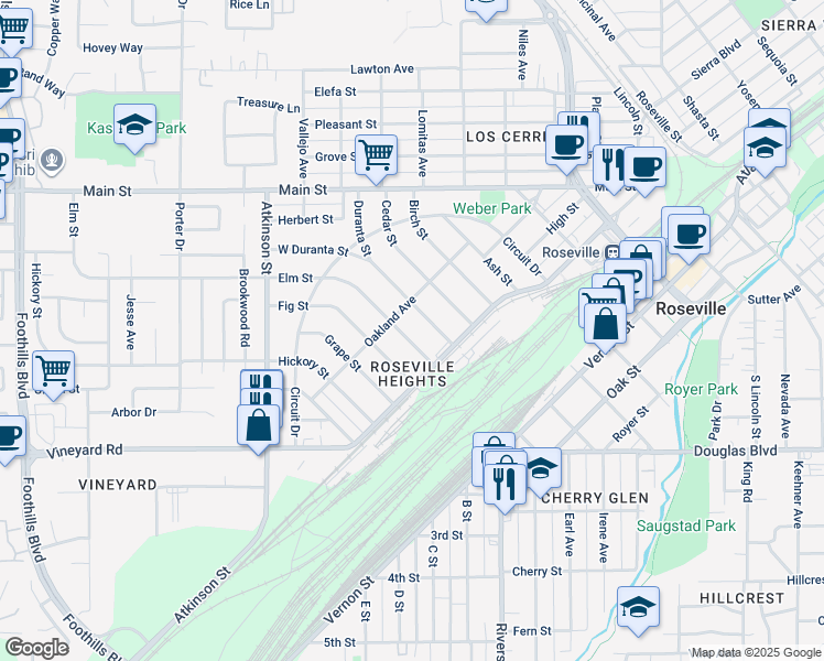 map of restaurants, bars, coffee shops, grocery stores, and more near 817 Oakland Avenue in Roseville
