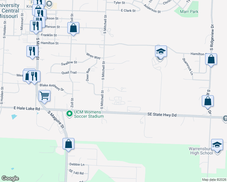 map of restaurants, bars, coffee shops, grocery stores, and more near 705 Cedar Drive in Warrensburg