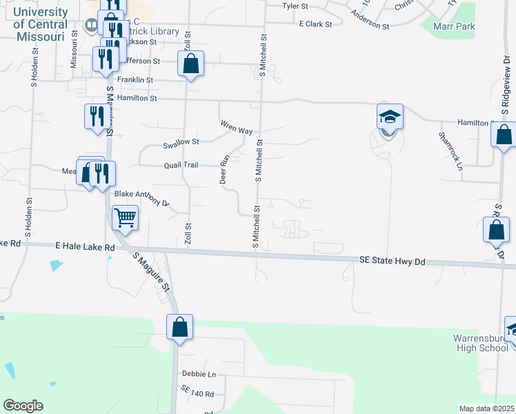 map of restaurants, bars, coffee shops, grocery stores, and more near 1102 Pine Court in Warrensburg