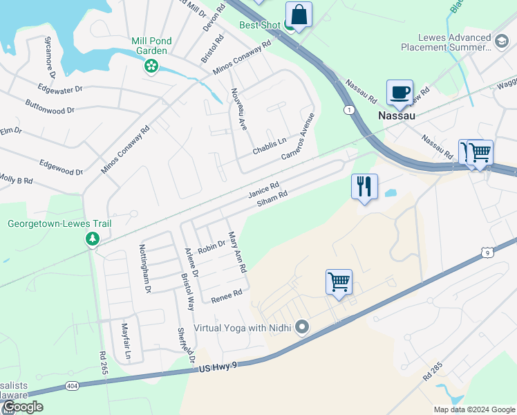 map of restaurants, bars, coffee shops, grocery stores, and more near 31696 Siham Road in Lewes