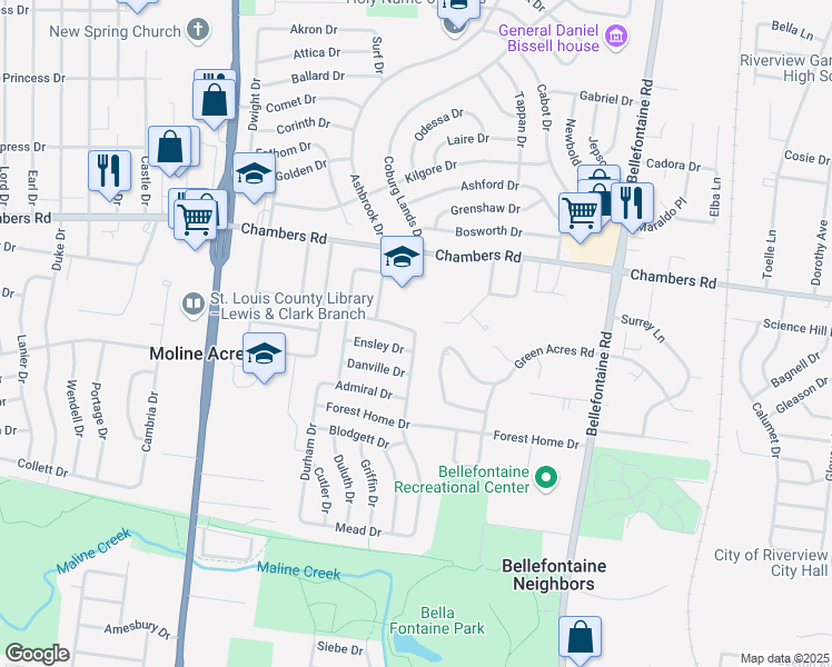 map of restaurants, bars, coffee shops, grocery stores, and more near 939 Billings Drive in St. Louis