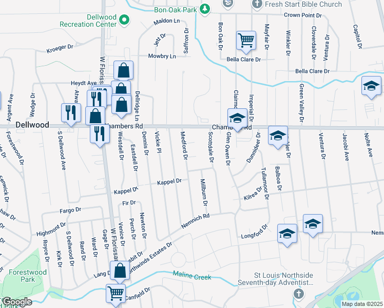map of restaurants, bars, coffee shops, grocery stores, and more near 1709 Dellwood Court in St. Louis