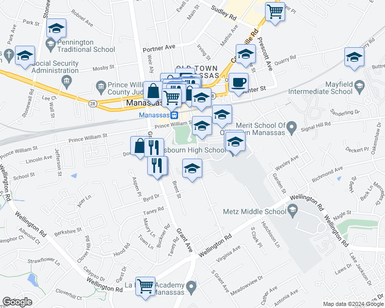 map of restaurants, bars, coffee shops, grocery stores, and more near 9518 Main Street in Manassas