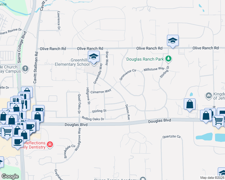 map of restaurants, bars, coffee shops, grocery stores, and more near 4707 Cimarron Way in Granite Bay