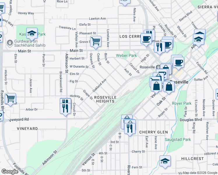 map of restaurants, bars, coffee shops, grocery stores, and more near 121 Duranta Street in Roseville