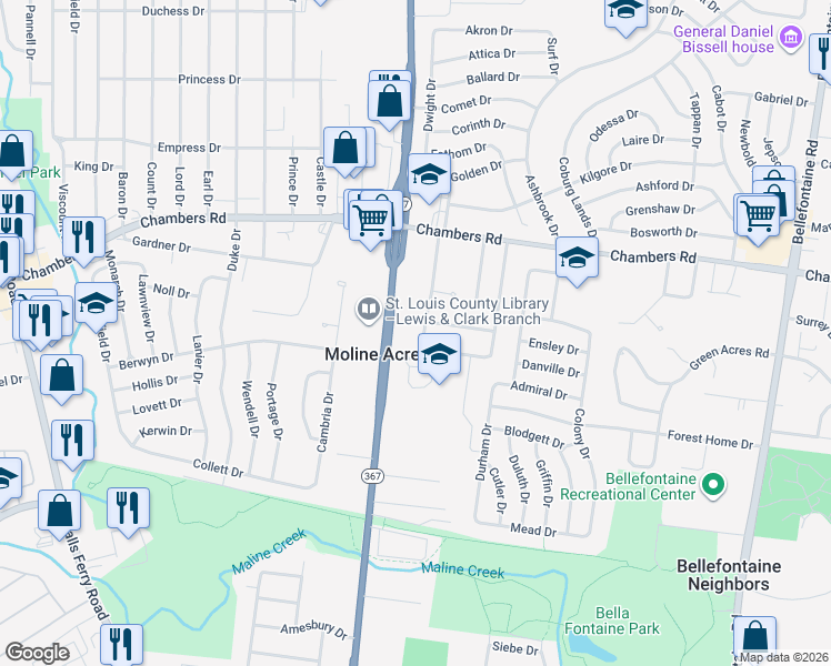 map of restaurants, bars, coffee shops, grocery stores, and more near 9919 Norbridge Lane in St. Louis