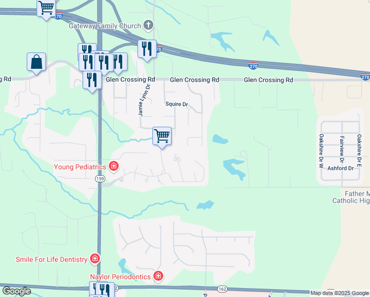 map of restaurants, bars, coffee shops, grocery stores, and more near 31 Lands End Court in Glen Carbon