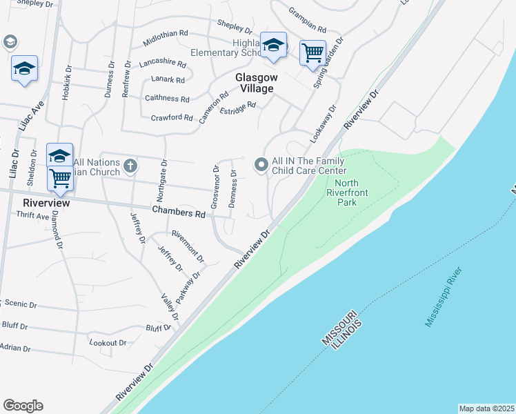 map of restaurants, bars, coffee shops, grocery stores, and more near 714 Lookaway Drive in St. Louis