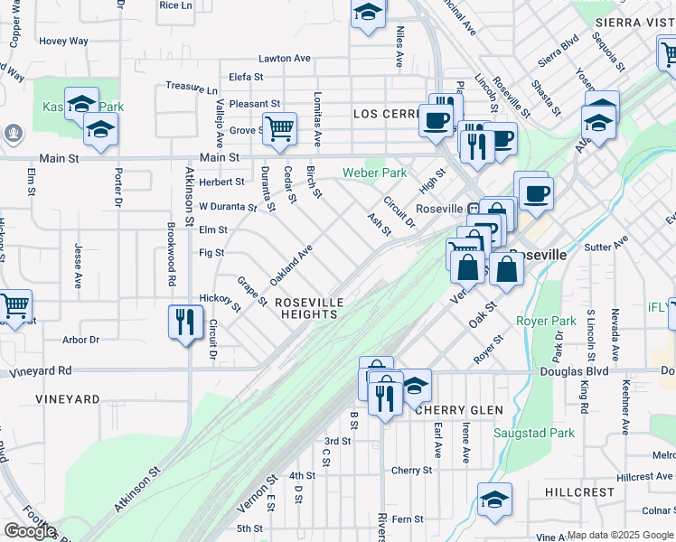 map of restaurants, bars, coffee shops, grocery stores, and more near 116 Duranta Street in Roseville