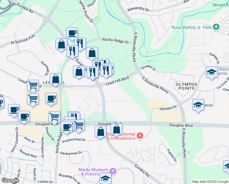 map of restaurants, bars, coffee shops, grocery stores, and more near 1650 Lead Hill Boulevard in Roseville