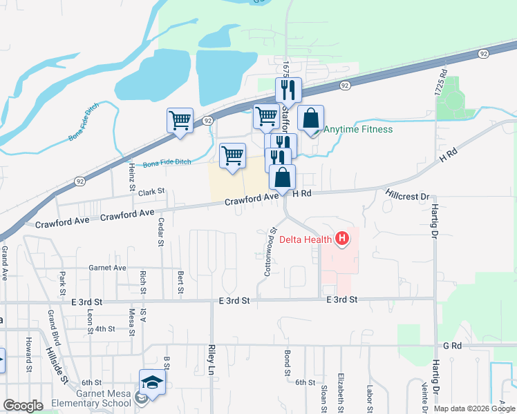 map of restaurants, bars, coffee shops, grocery stores, and more near 1308-1318 Crawford Avenue in Delta