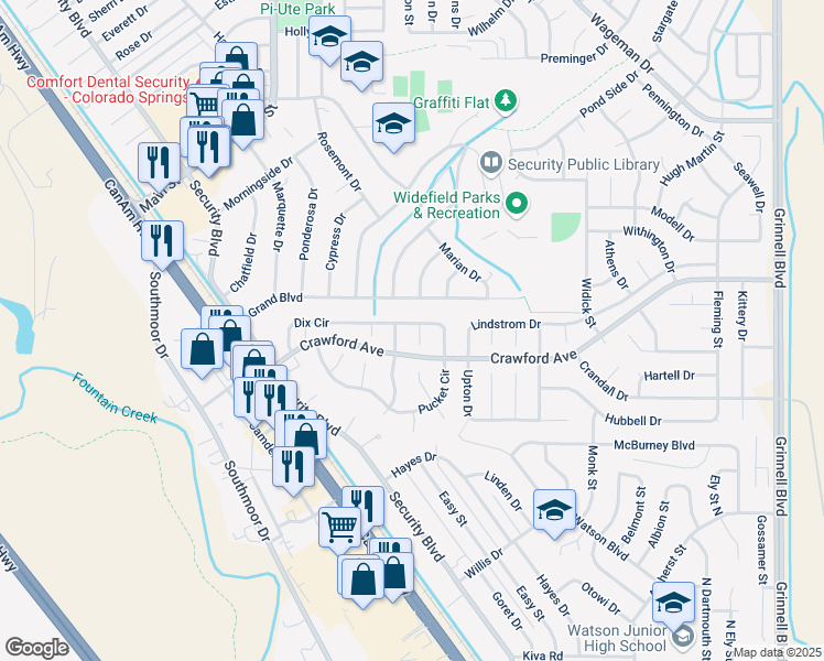 map of restaurants, bars, coffee shops, grocery stores, and more near 370 Briggs Place in Colorado Springs