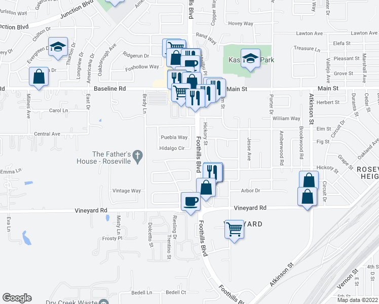 map of restaurants, bars, coffee shops, grocery stores, and more near 1309 Hidalgo Circle in Roseville