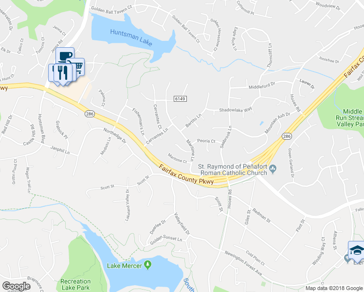 map of restaurants, bars, coffee shops, grocery stores, and more near 9008 Penn Manor Court in Springfield