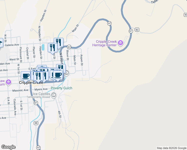 map of restaurants, bars, coffee shops, grocery stores, and more near 130 Silver Street in Cripple Creek