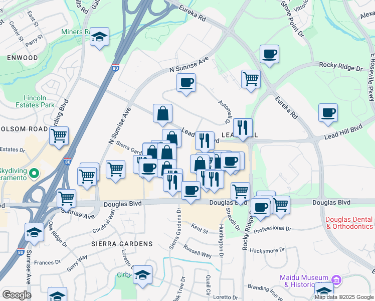 map of restaurants, bars, coffee shops, grocery stores, and more near 1390 Lead Hill Boulevard in Roseville