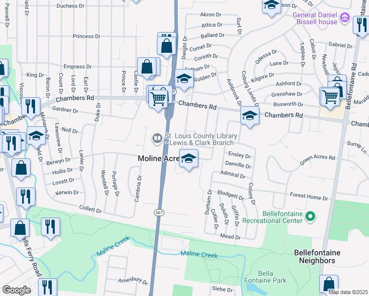 map of restaurants, bars, coffee shops, grocery stores, and more near 9919 Norbridge Lane in St. Louis