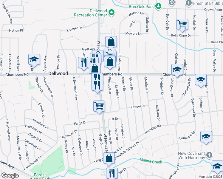 map of restaurants, bars, coffee shops, grocery stores, and more near 22 Westdell Drive in St. Louis