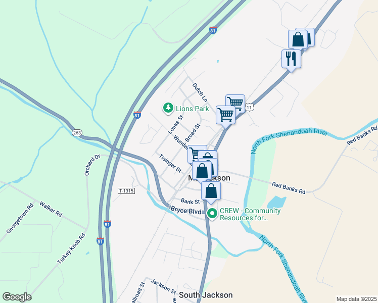 map of restaurants, bars, coffee shops, grocery stores, and more near 225 Wunder Street in Mount Jackson