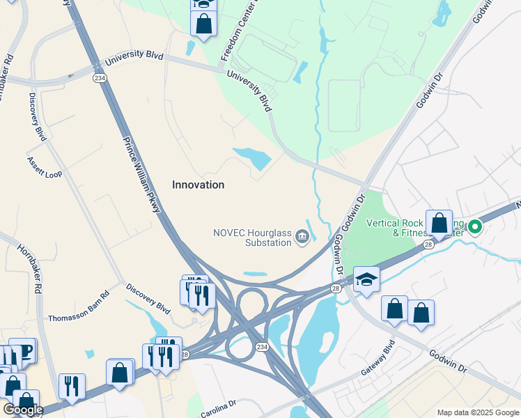 map of restaurants, bars, coffee shops, grocery stores, and more near 9700 Innovation Drive in Manassas
