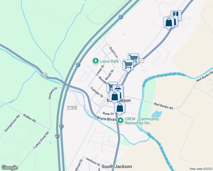 map of restaurants, bars, coffee shops, grocery stores, and more near 225 Wunder Street in Mount Jackson