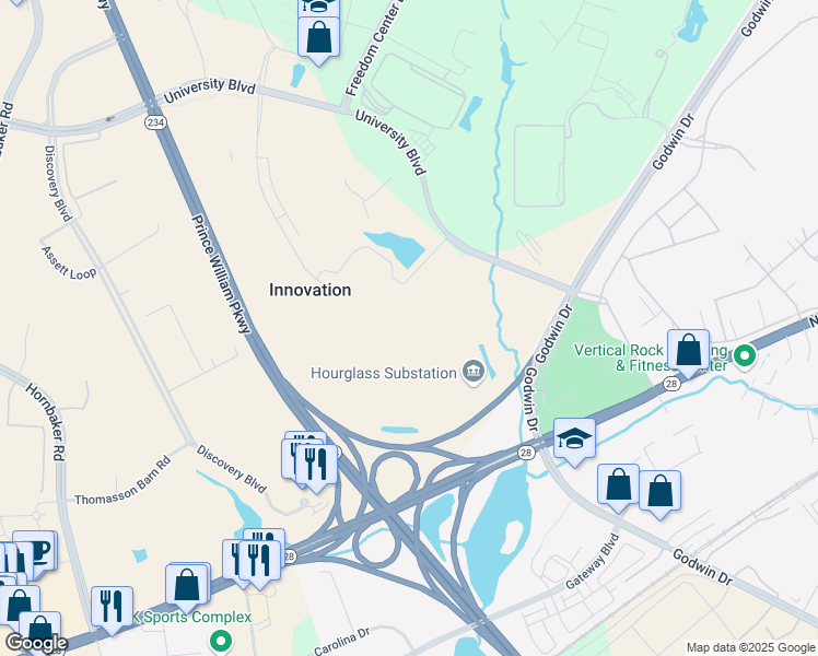 map of restaurants, bars, coffee shops, grocery stores, and more near 9700 Innovation Drive in Manassas