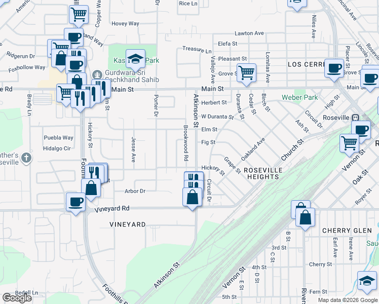 map of restaurants, bars, coffee shops, grocery stores, and more near 313 Brookwood Road in Roseville