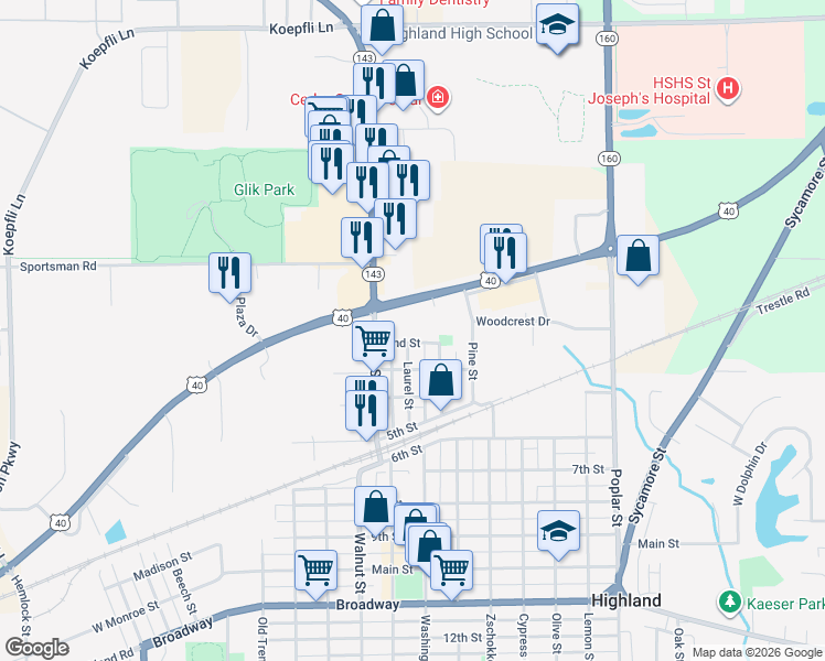 map of restaurants, bars, coffee shops, grocery stores, and more near 3 Woodcrest Professional Park in Highland