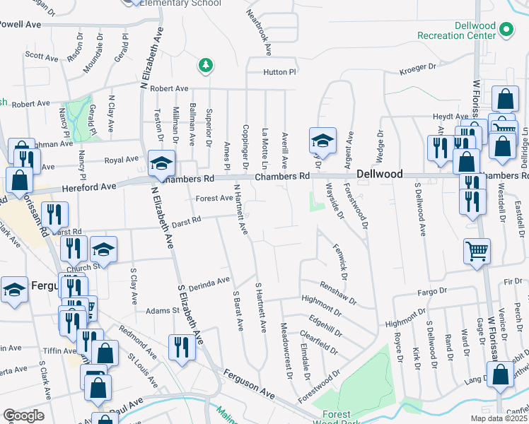 map of restaurants, bars, coffee shops, grocery stores, and more near 902 Chambers Road in Ferguson