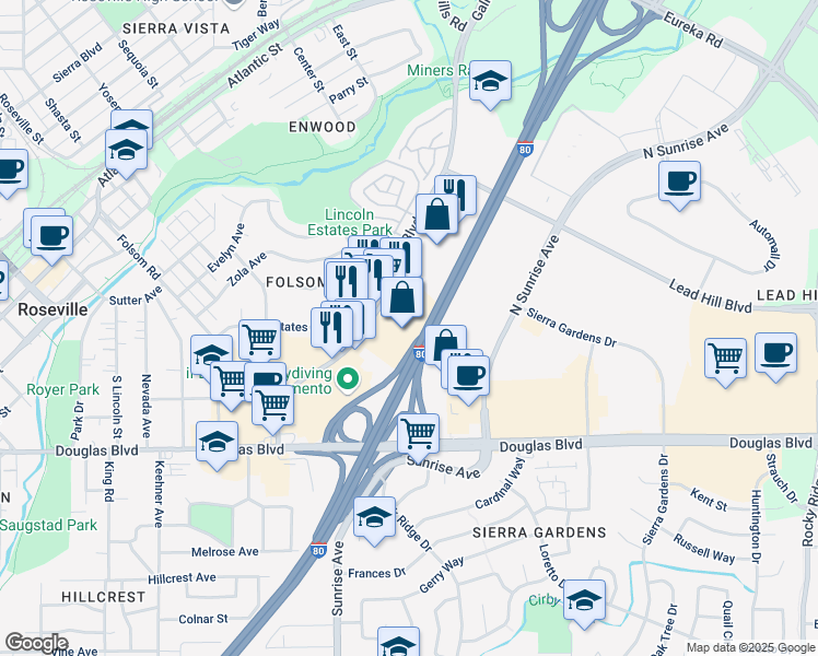 map of restaurants, bars, coffee shops, grocery stores, and more near 212 Harding Boulevard in Roseville