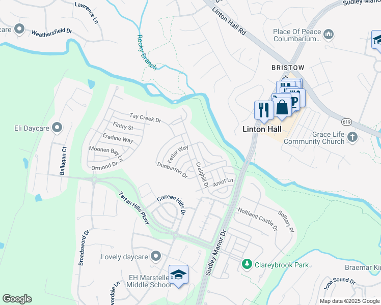 map of restaurants, bars, coffee shops, grocery stores, and more near 9658 Craighill Drive in Bristow