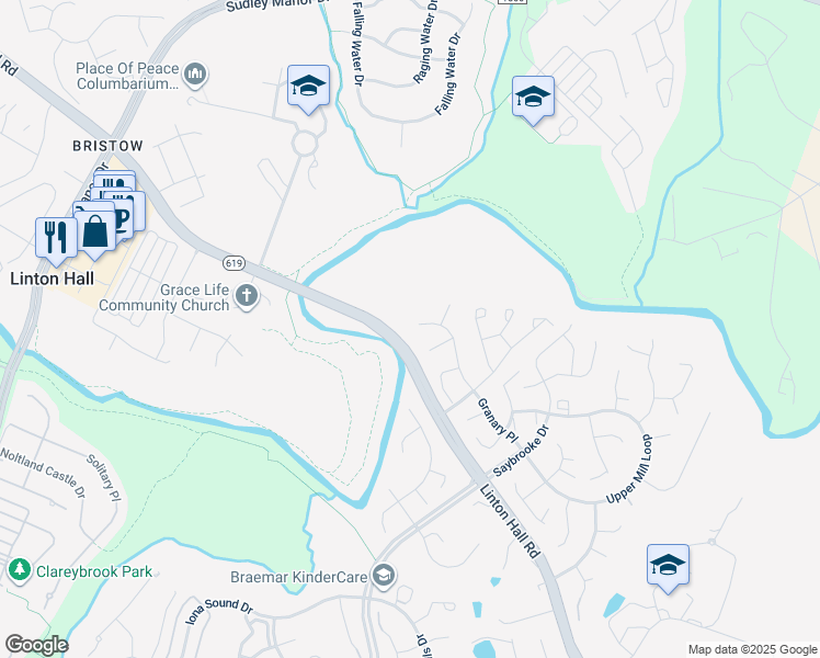 map of restaurants, bars, coffee shops, grocery stores, and more near 9640 Granary Place in Bristow
