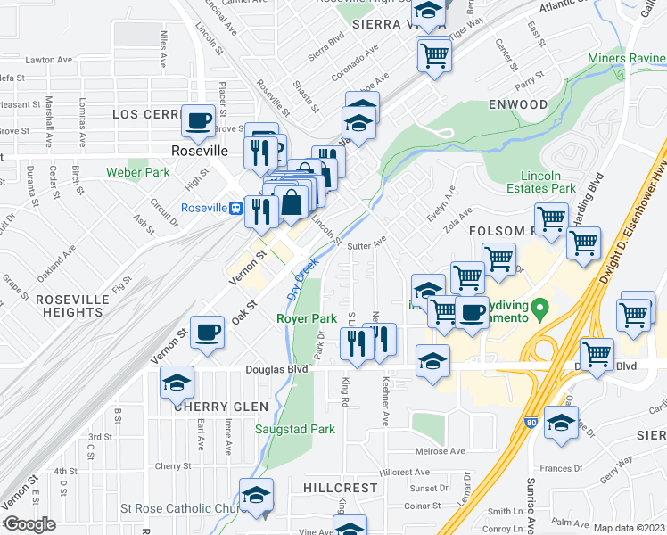 map of restaurants, bars, coffee shops, grocery stores, and more near 121 Park Drive in Roseville